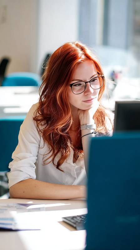 红发女子专注工作图片