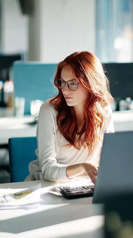 红发女子专注工作图片