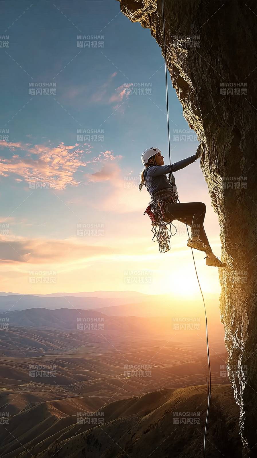攀岩者迎着朝阳图片
