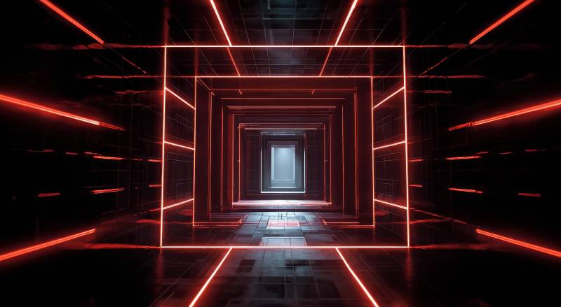 红色光廊深邃通道图片