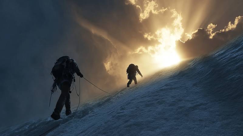 雪峰攀援 逆光前行图片