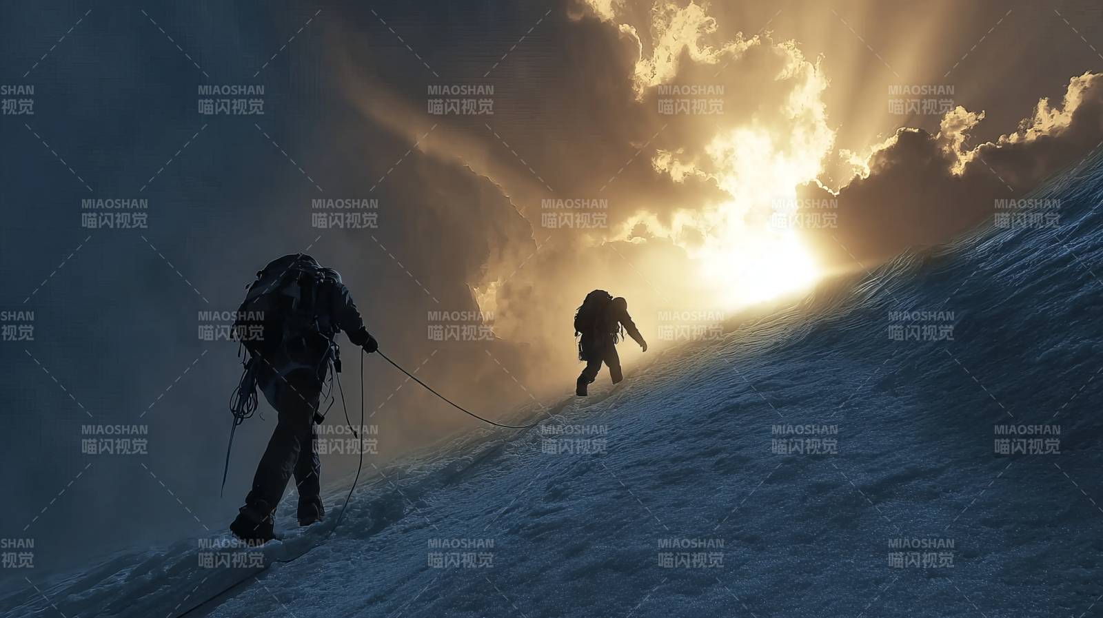 雪峰攀援 逆光前行图片