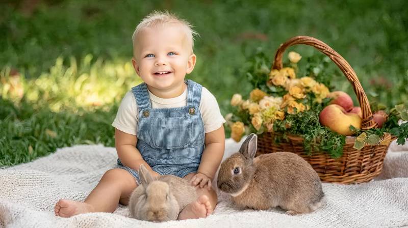 宝宝与兔共度春日图片