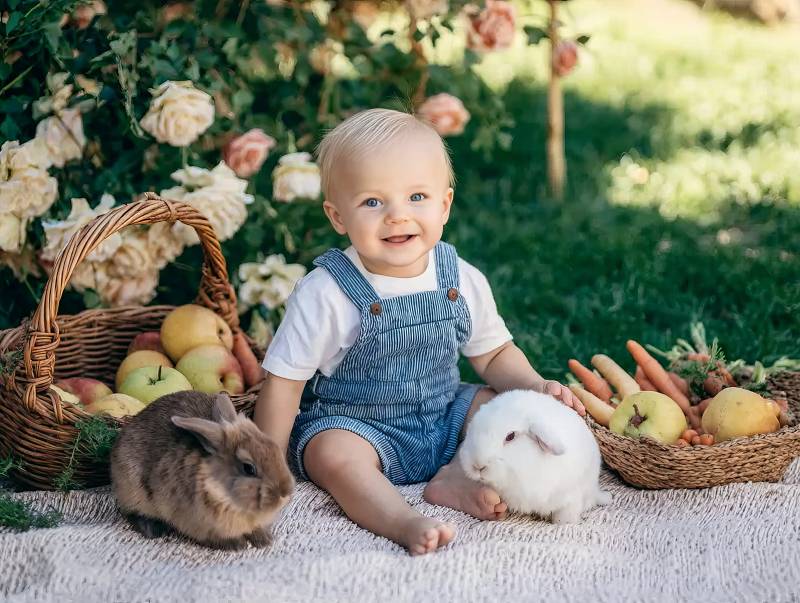 宝宝与兔共度田园时光图片