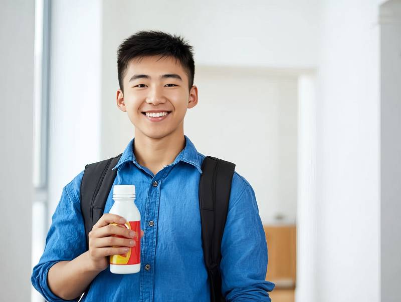 学生手持饮料微笑图片