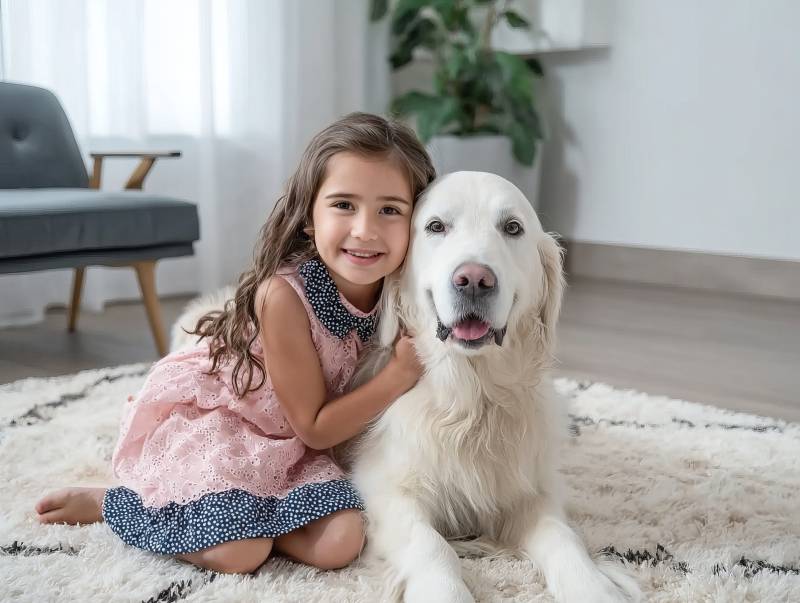小女孩与金毛犬温馨相伴图片