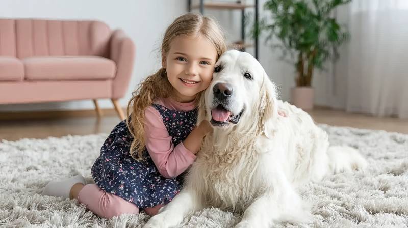 小女孩与金毛犬亲密合影图片