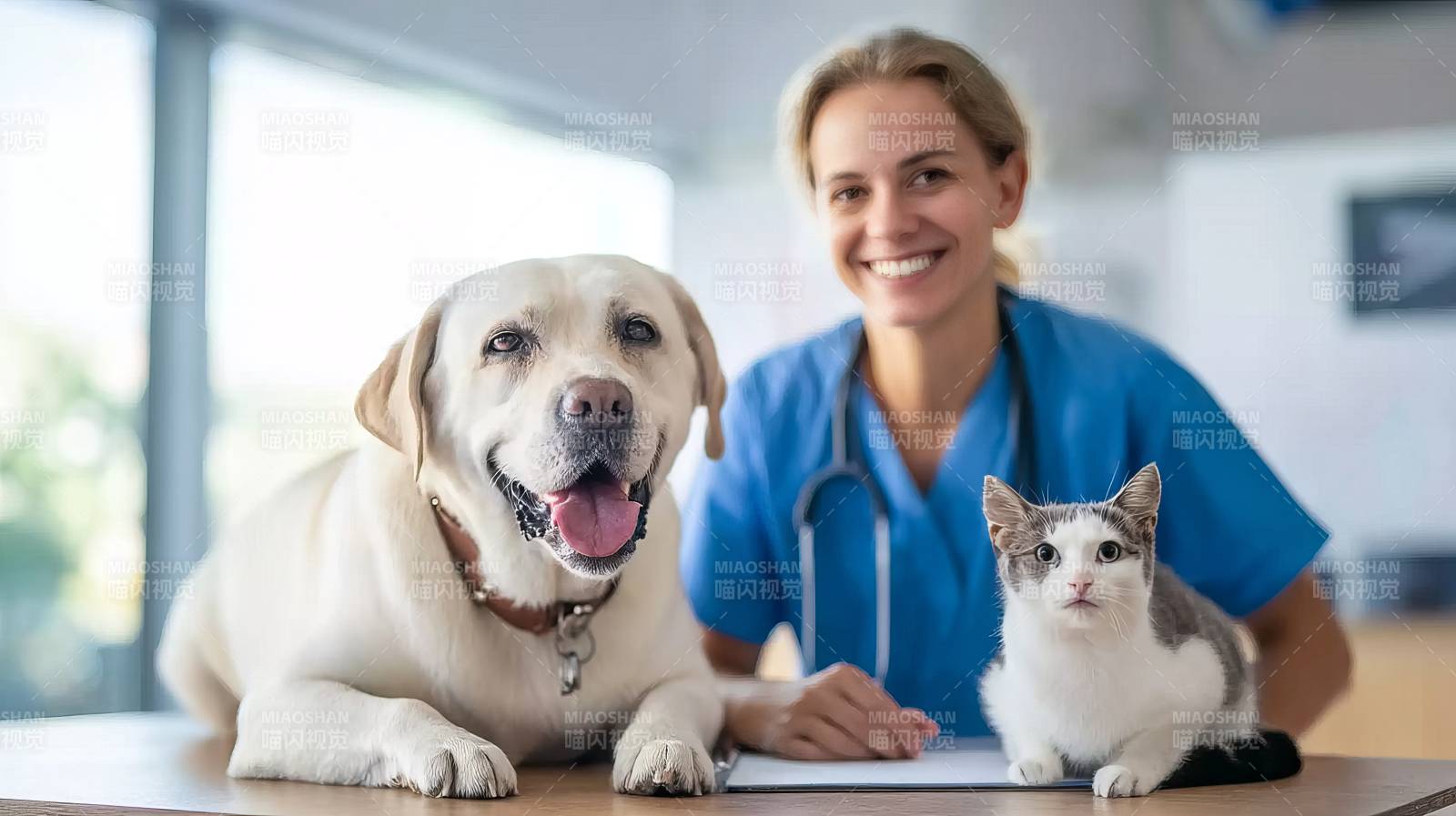 宠物医生与猫狗合影图片