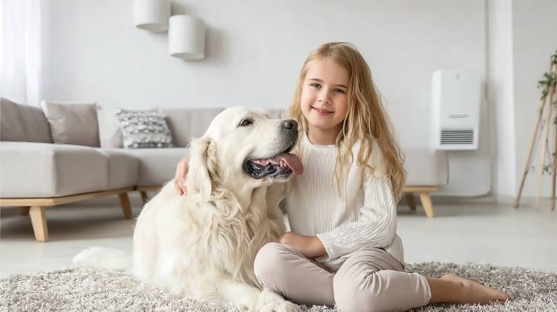 女孩与金毛犬温馨相伴图片