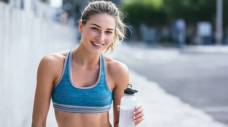 运动女孩微笑喝水图片