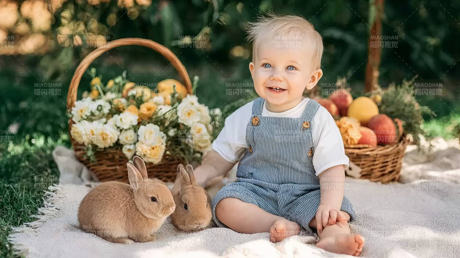 宝宝与兔共度春日图片