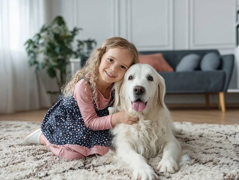 女孩与金毛犬温馨相伴图片