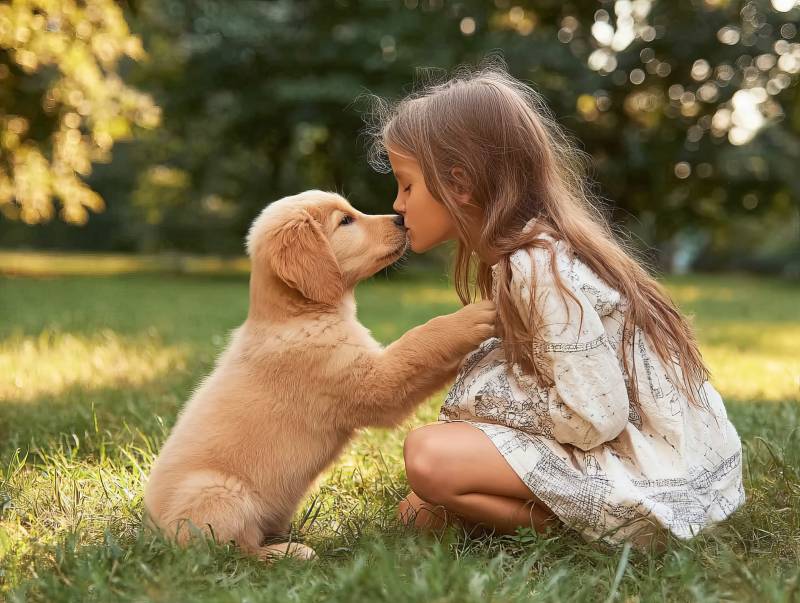 小女孩与金毛幼犬亲吻图片