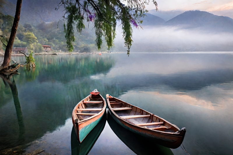 湖畔双舟静谧晨曦图片