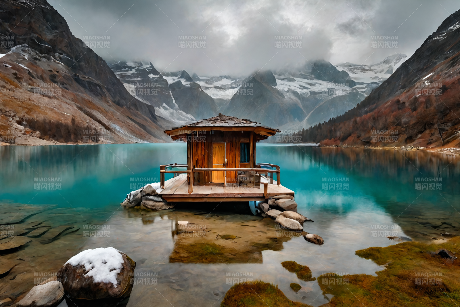 湖畔木屋静谧景图片