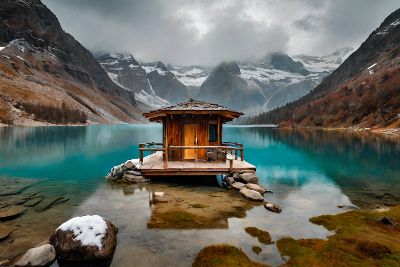 湖畔木屋静谧景图片