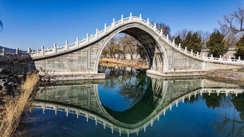 拱桥倒影静谧湖图片