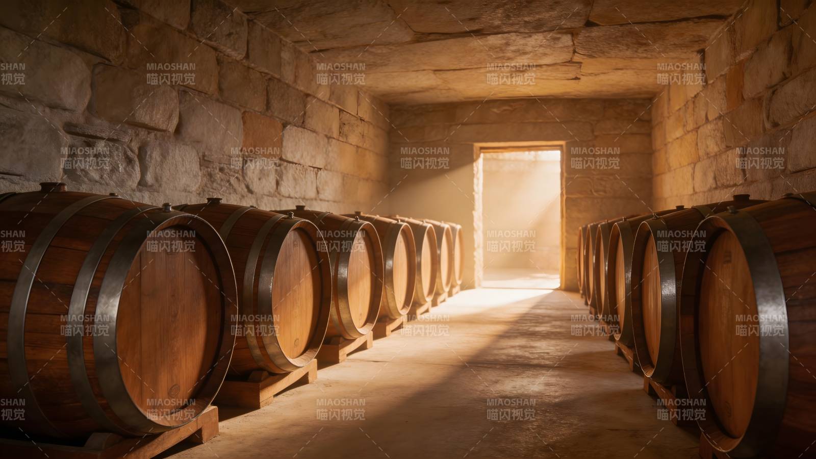 酒窖中的橡木桶图片