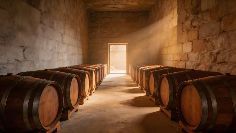 酒窖中的橡木桶图片