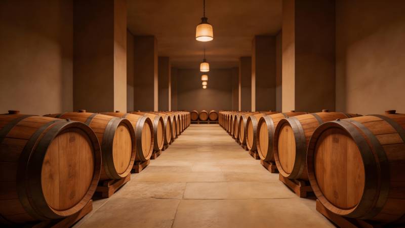 酒窖中的橡木桶图片