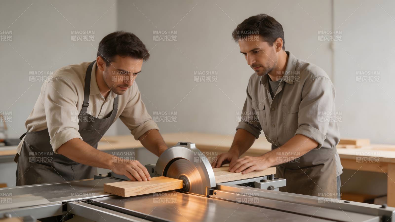 木工协作切割木材图片