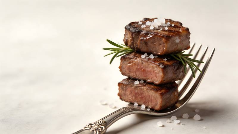 叉上叠放的煎牛排图片