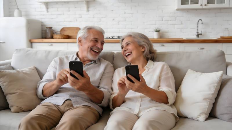 老夫妻笑看手机图片