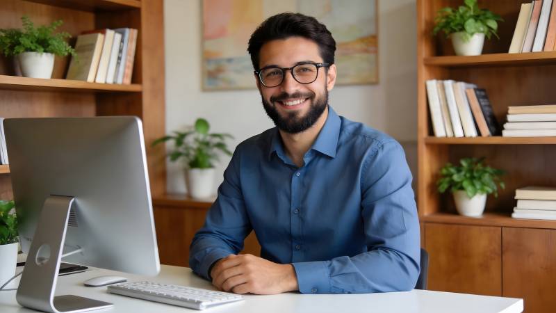 办公桌前微笑男子图片