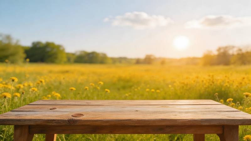 木桌静置花海中图片