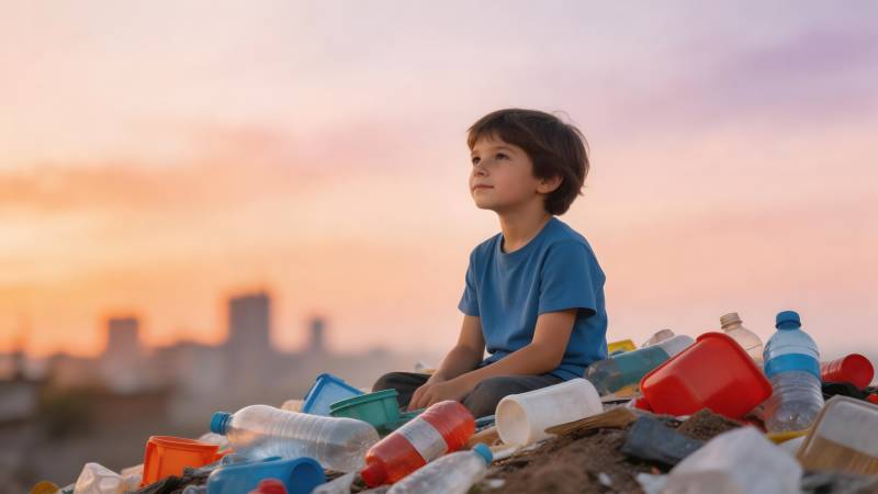 童望垃圾山 城市暮色中图片