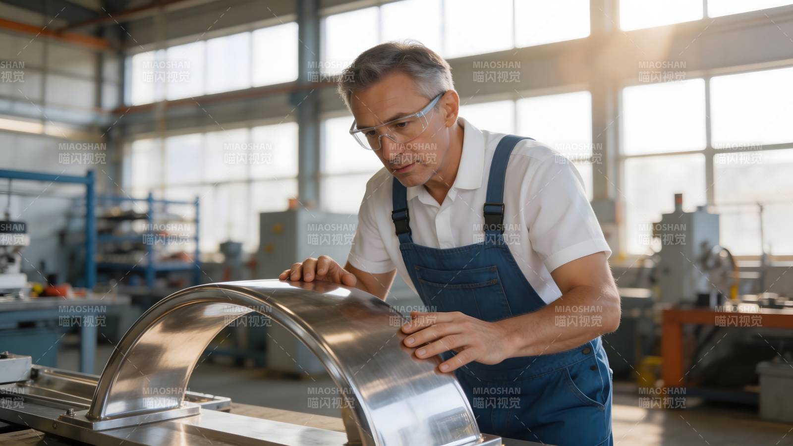 工人专注检查金属件图片