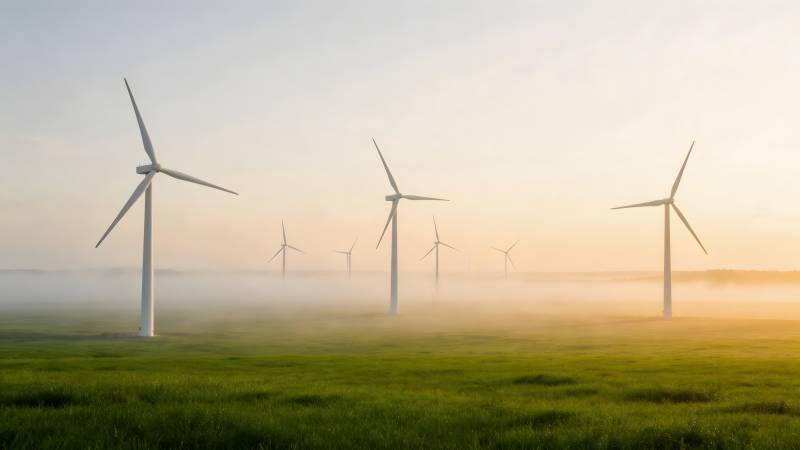 风车晨雾田园图片