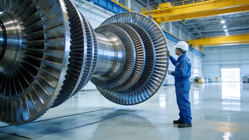 工人检查大型涡轮机图片