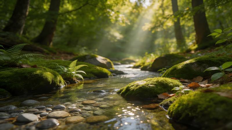 溪流穿林 光影斑驳图片