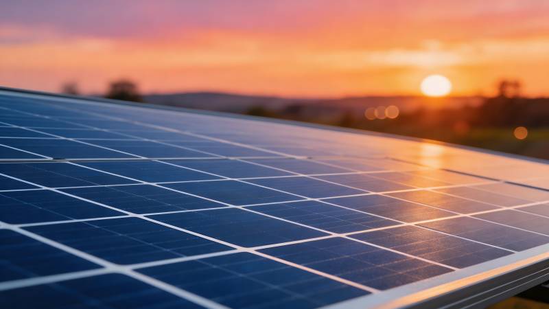 夕阳下的太阳能板图片