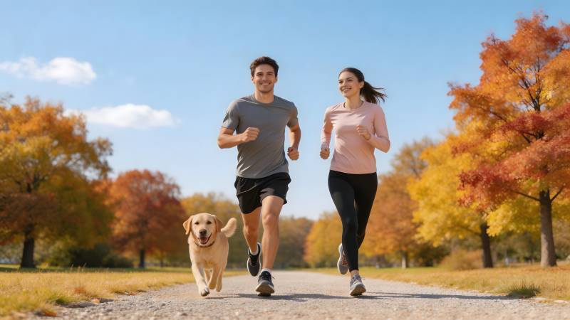 秋日奔跑 人狗同行图片