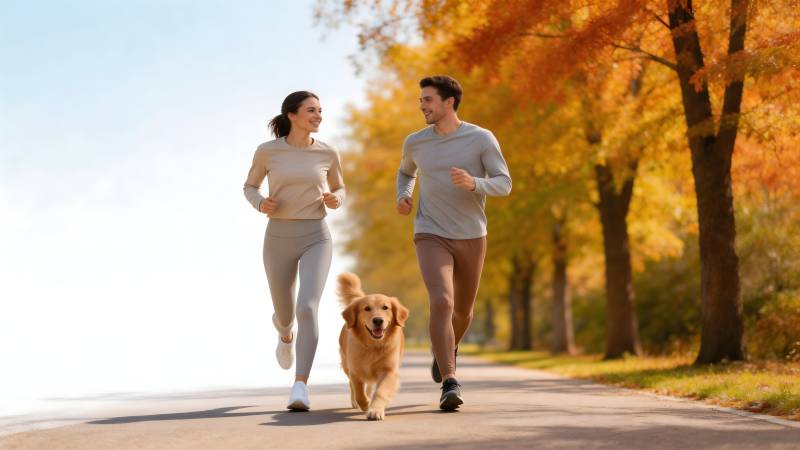 秋日奔跑 人狗同行图片