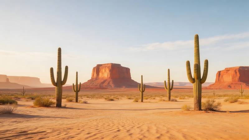 沙漠仙人掌与岩山图片