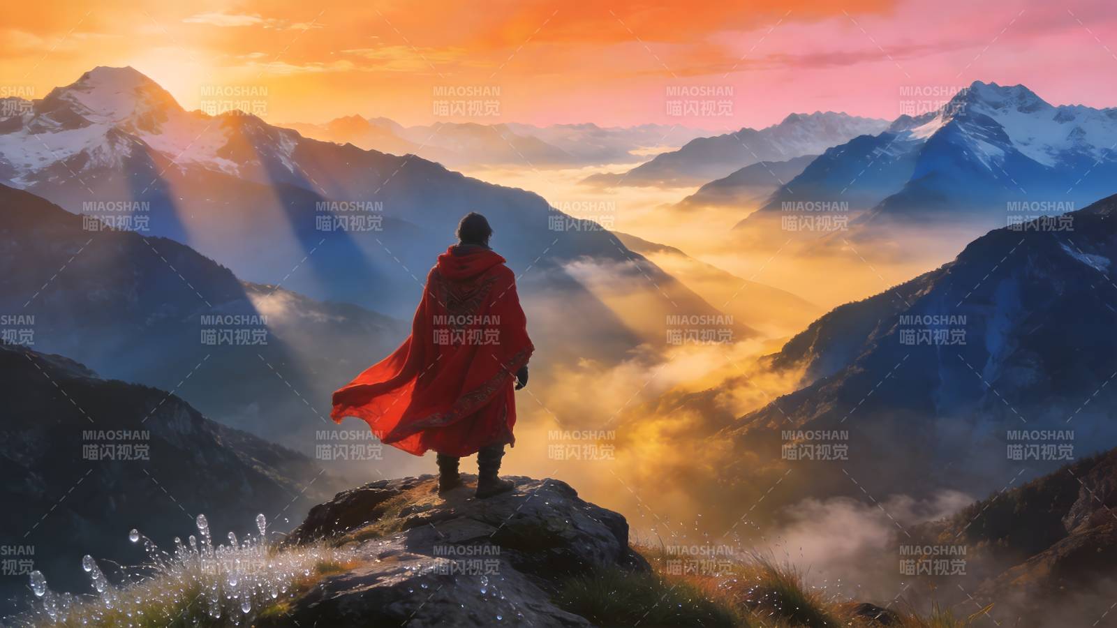 山巅红袍迎日出图片