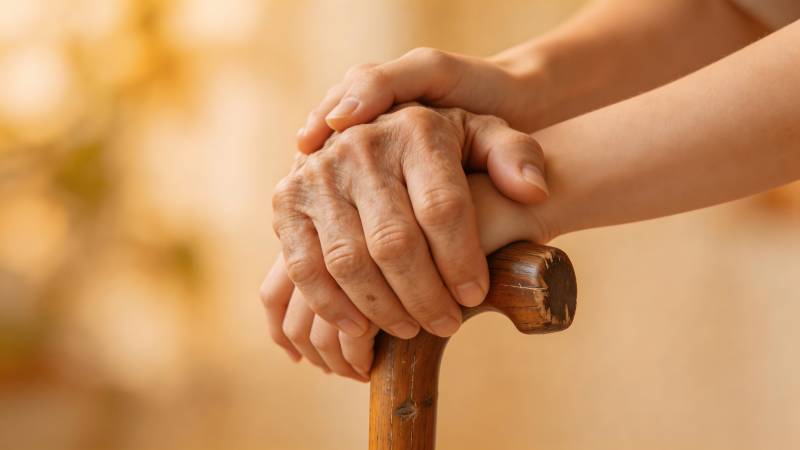 温暖的手握拐杖图片