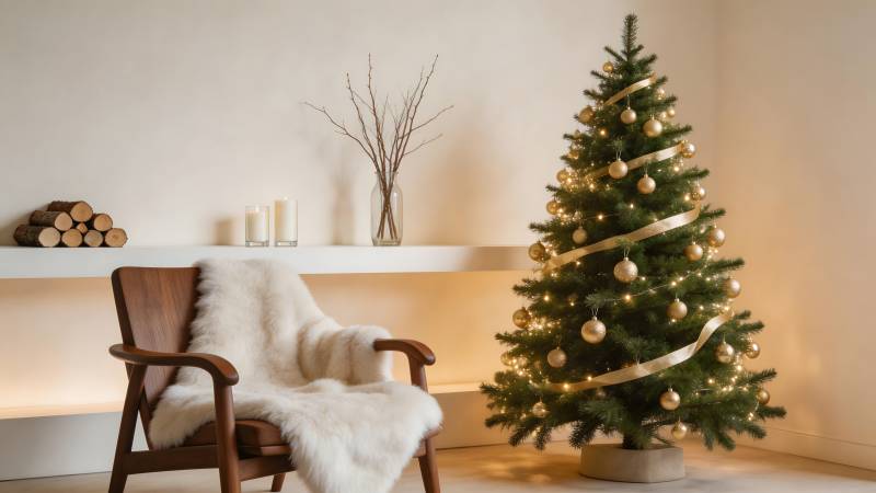 温馨圣诞树旁的木椅图片