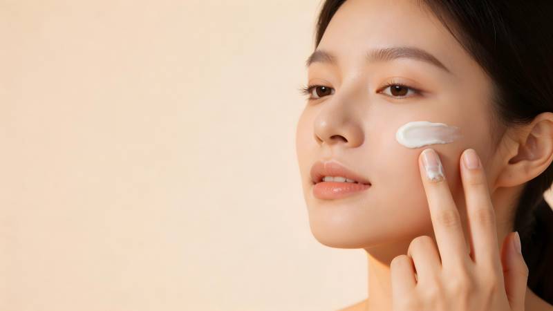 护肤霜轻抹脸颊图片