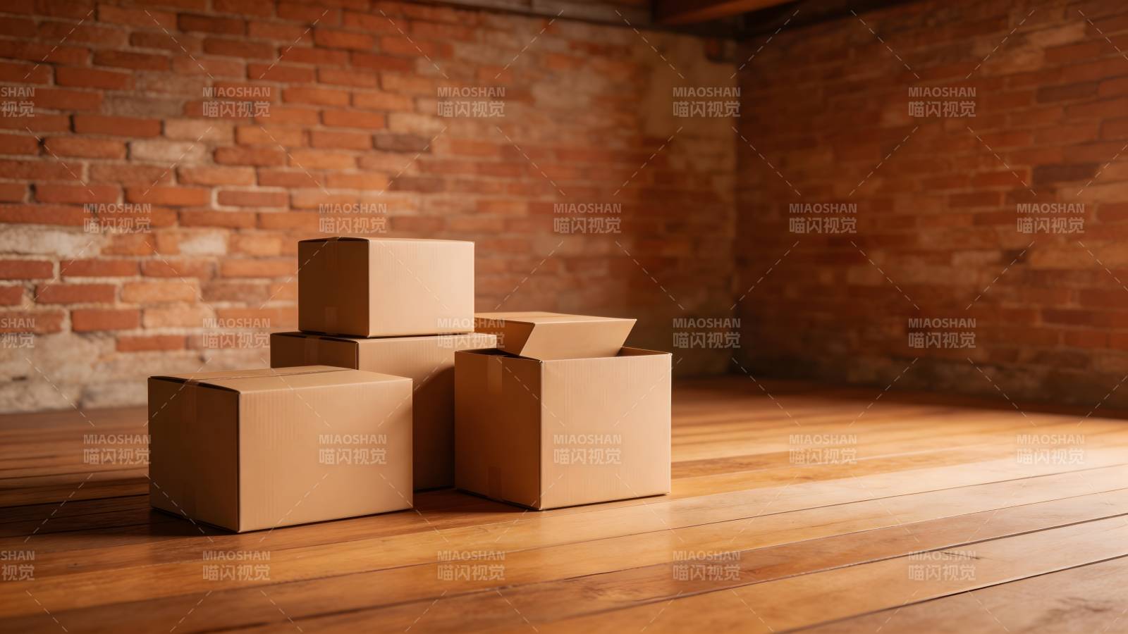 纸箱堆叠于砖墙前图片