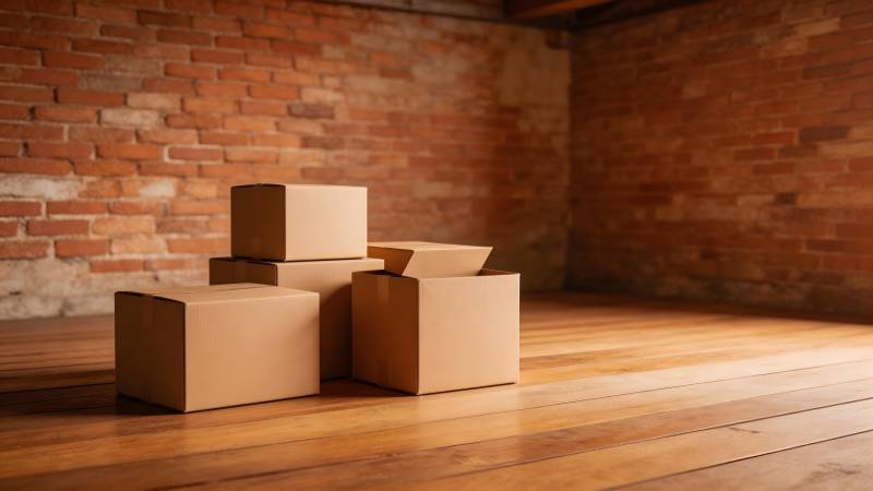 纸箱堆叠于砖墙前图片