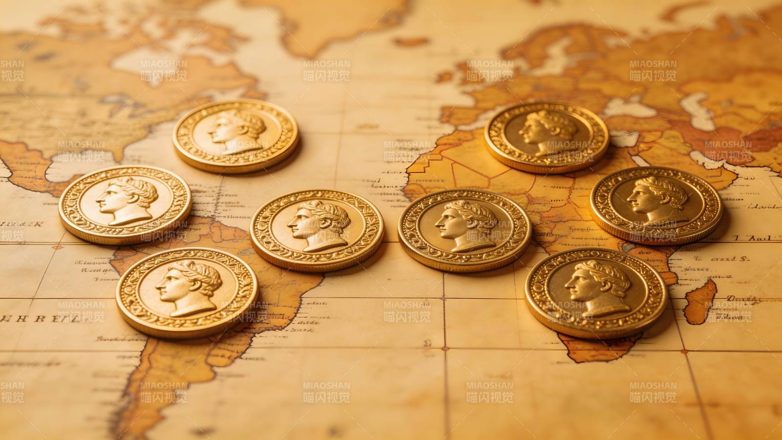 金币铺展世界地图图片