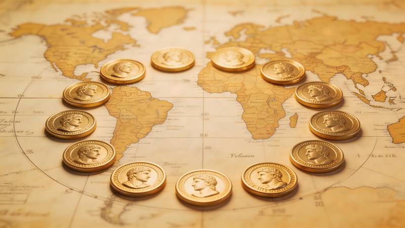 金币环绕世界地图图片