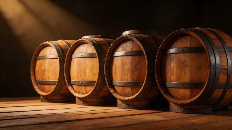 酒桶静置木桌图片