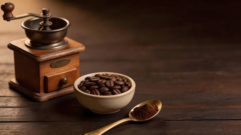 咖啡豆与磨豆机图片