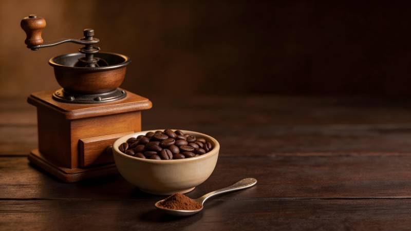 咖啡豆与磨豆机图片