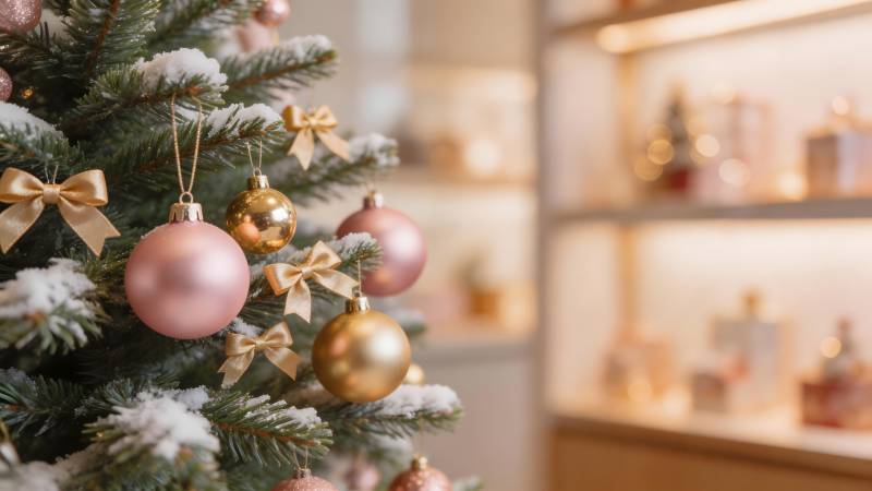 圣诞树上的粉色与金色装饰图片